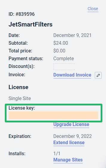 license key field in account