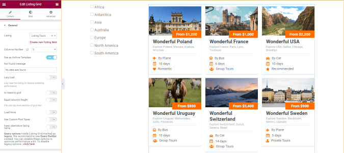 adding the listing grid widget to archive templates