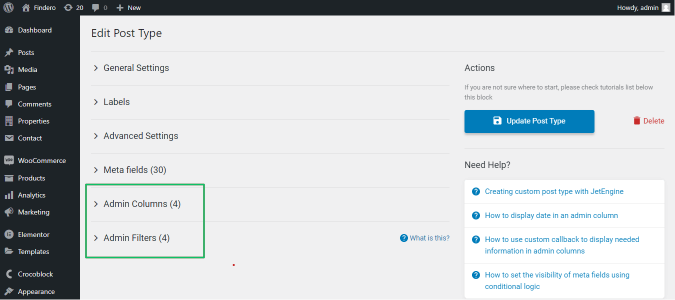 admin columns and admin filters tabs