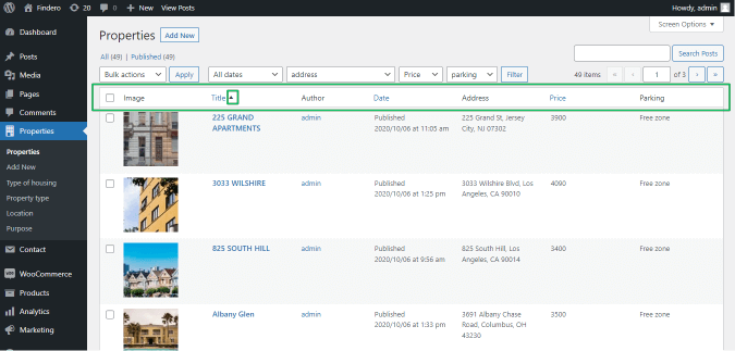 admin columns sorted