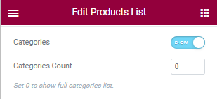 categories settings of product list widget settings