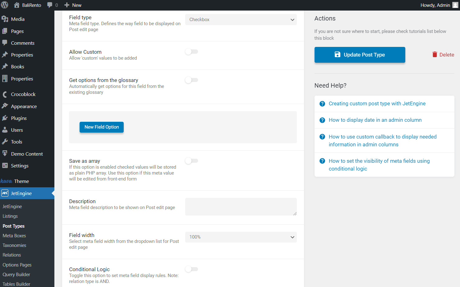 checkbox field settings