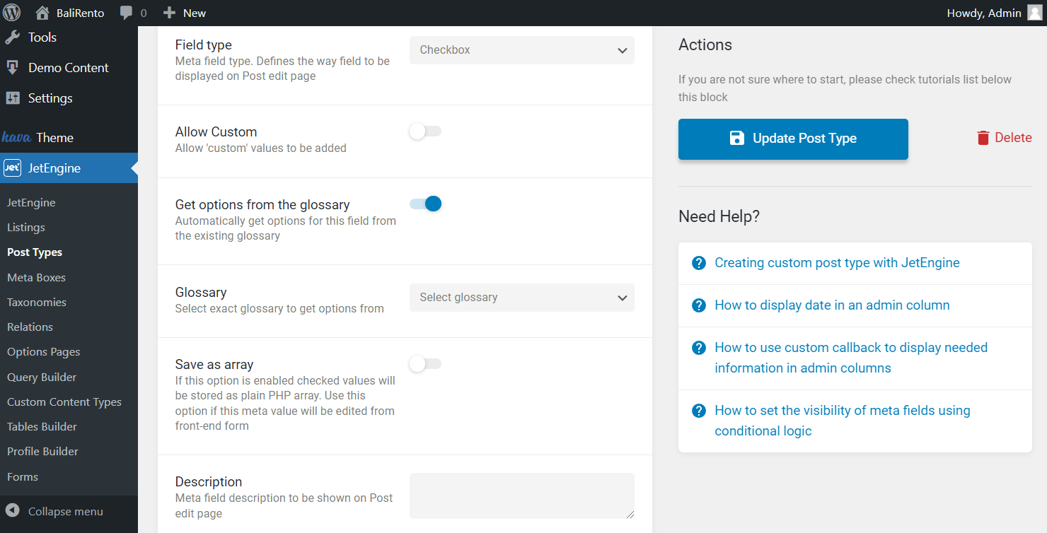 checkbox get options from the glossary