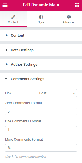 comments settings in the dynamic meta widget