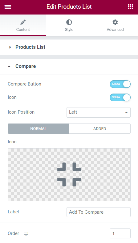 compare button tab settings