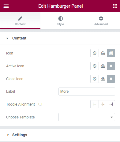 content tab settings of hamburger panel widget