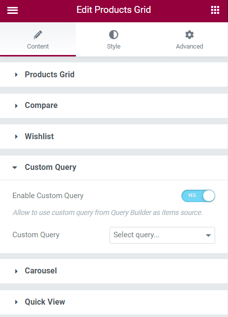 custom query settings tab