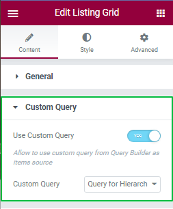 custom query settings in listing grid widget