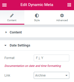 date settings of the dynamic meta widget