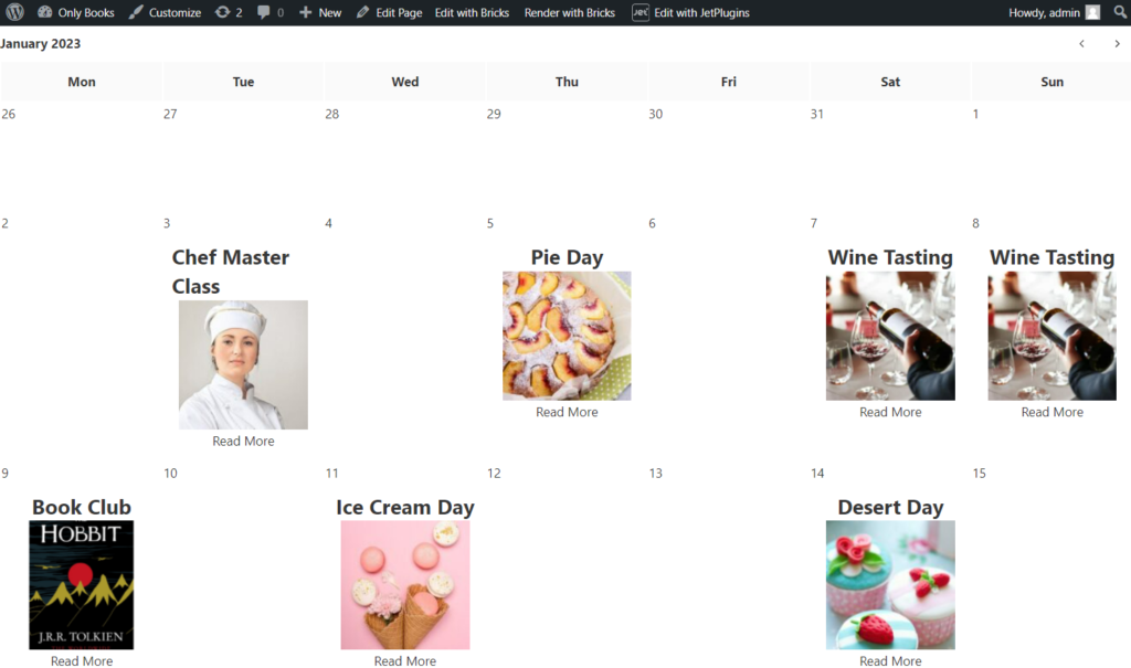 dynamic calendar on the front end