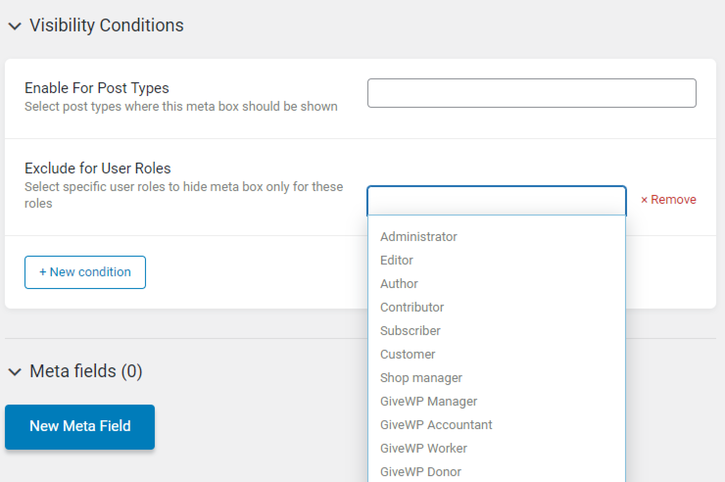 exclude for user roles condition