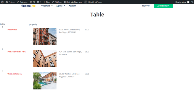 front-end view of the dynamic table with listing counter