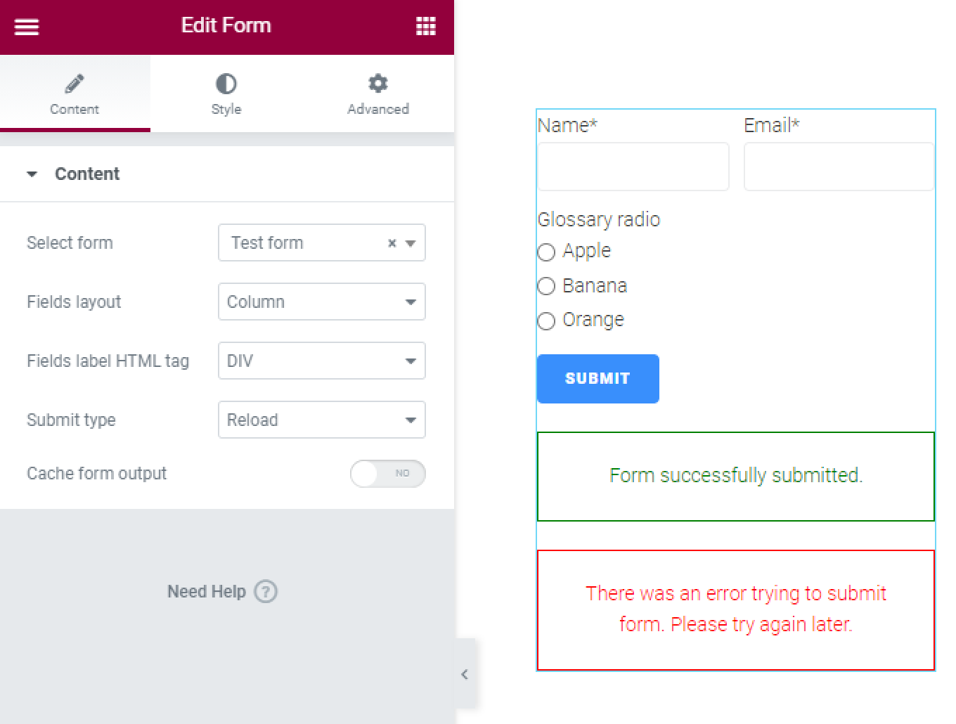 form with glossary data source field in elementor