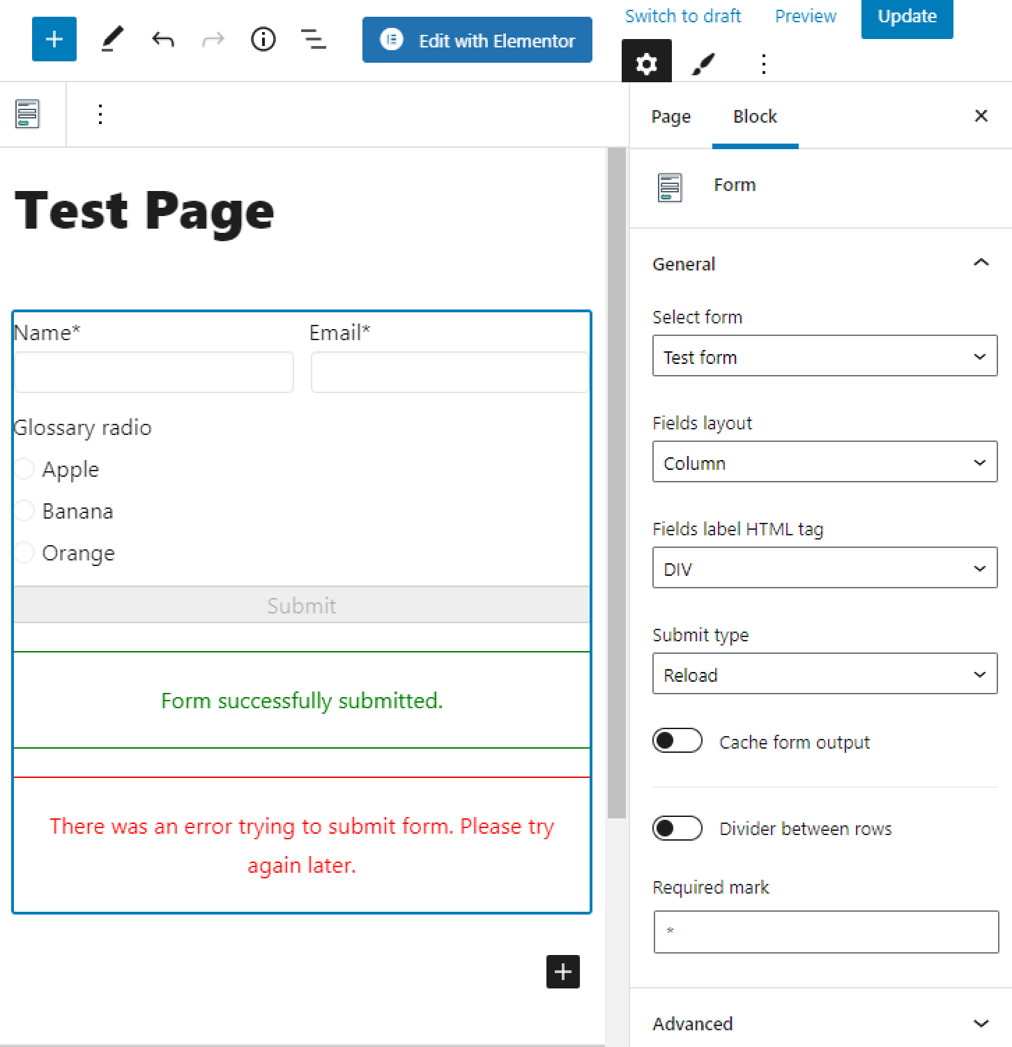 form with glossary data source field in gutenberg