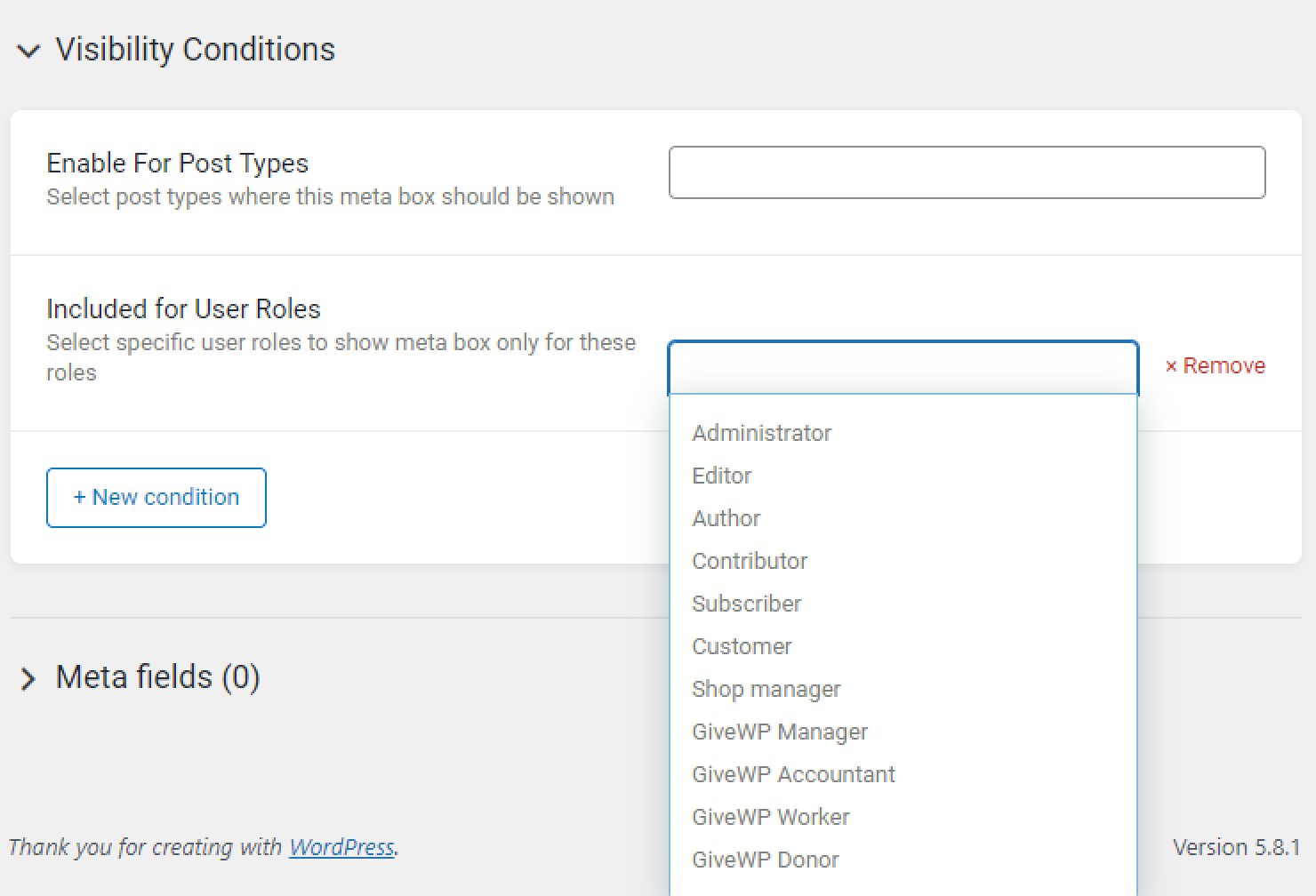 included for user roles condition