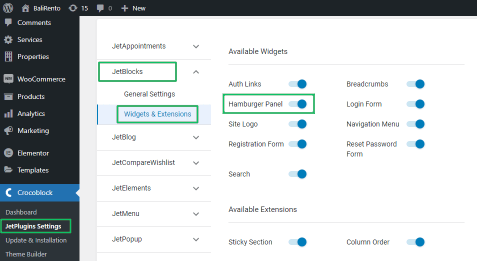 jetblocks hamburger panel widget activation