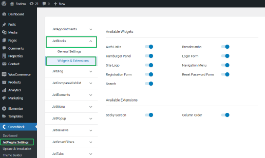 jetblocks widgets and extensions settings