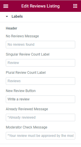 labels tab of reviews listing widget