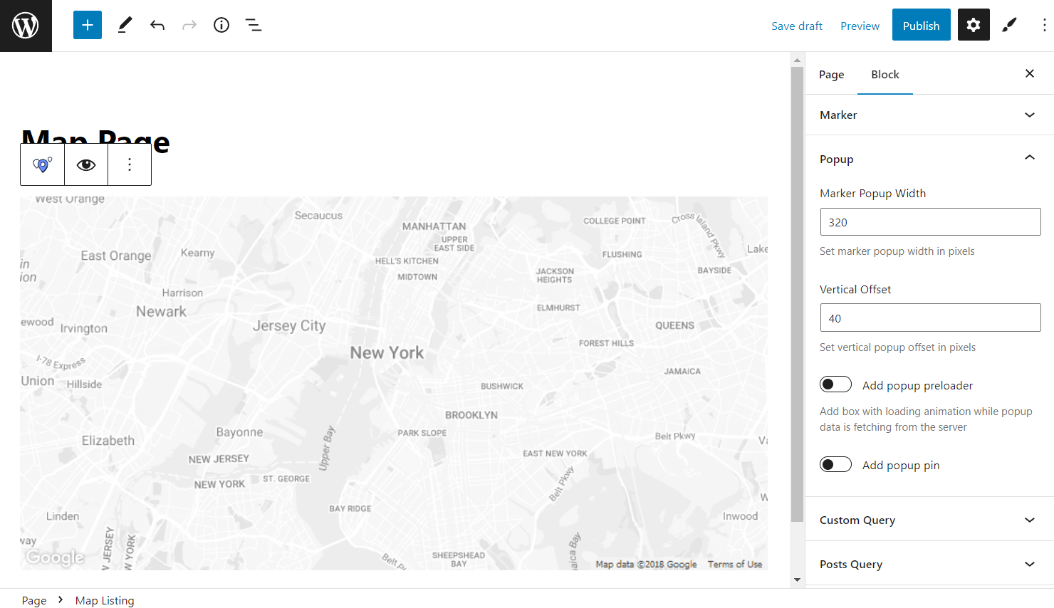 map listing block pop-up settings