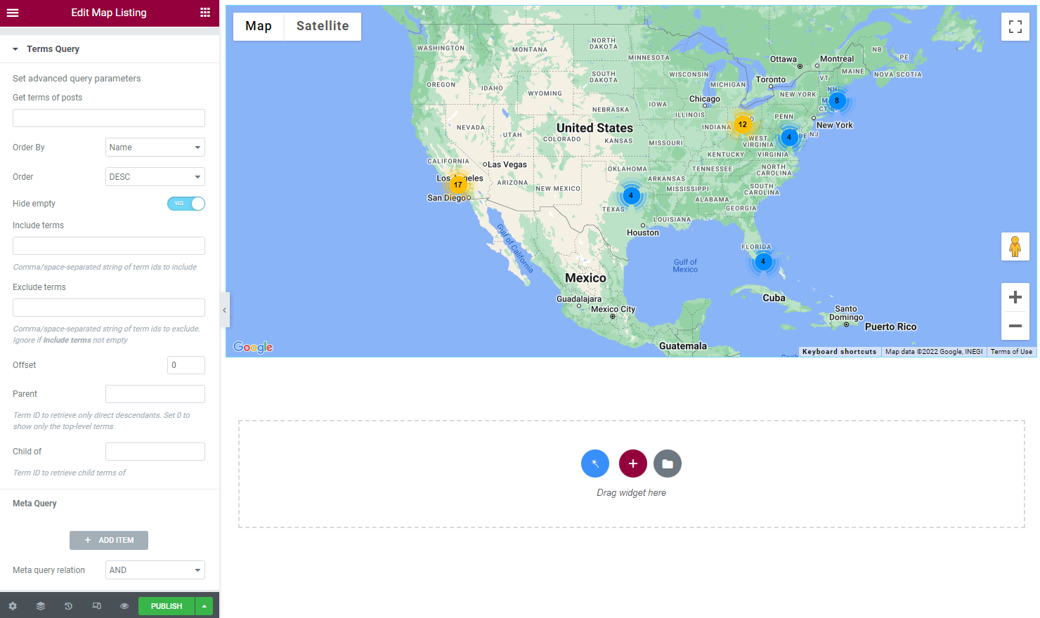 map listing widget terms query settings