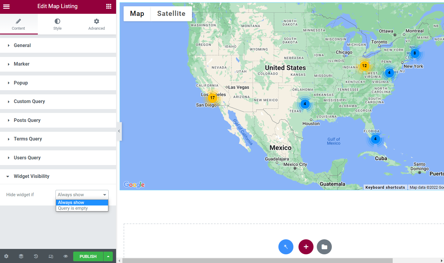 map listing widget visibility settings