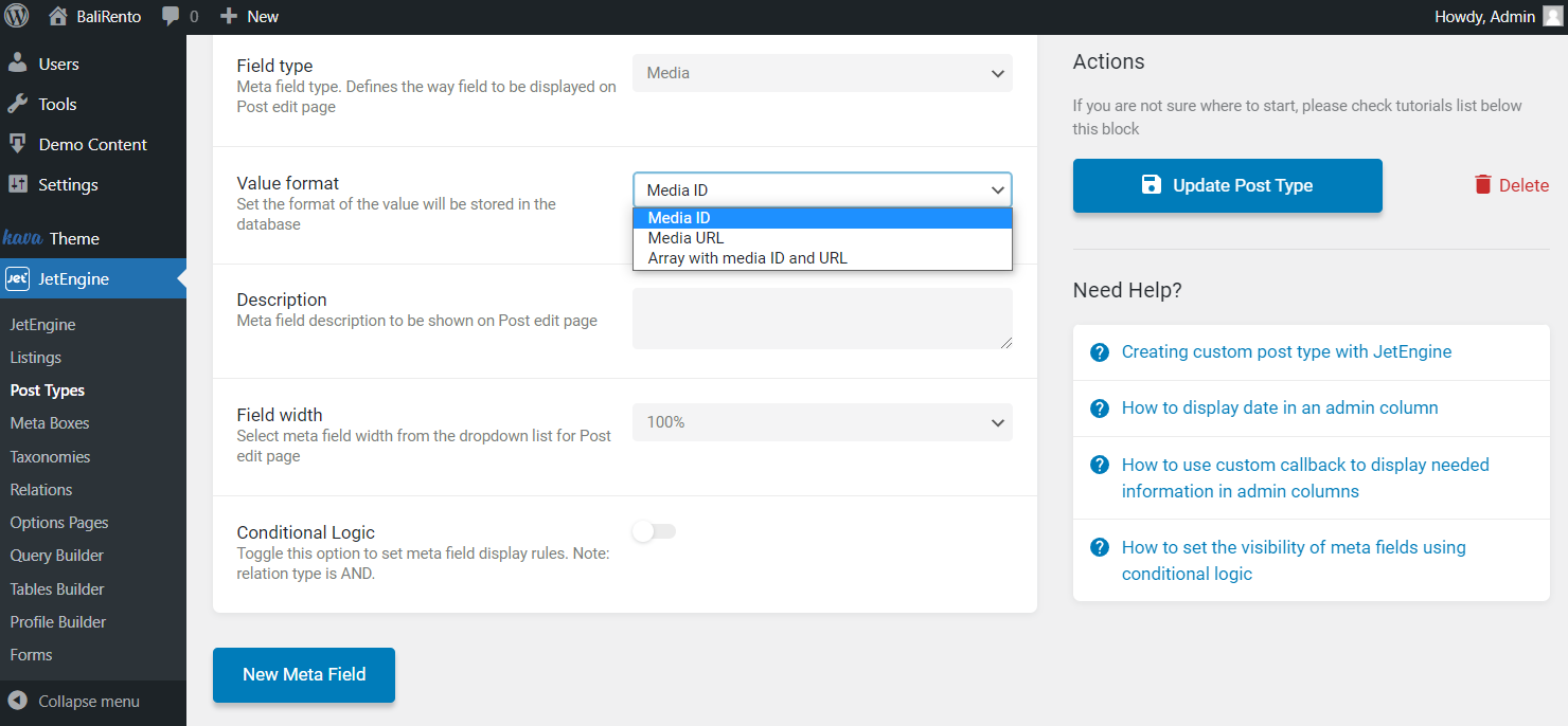 media field settings value format dropdown list
