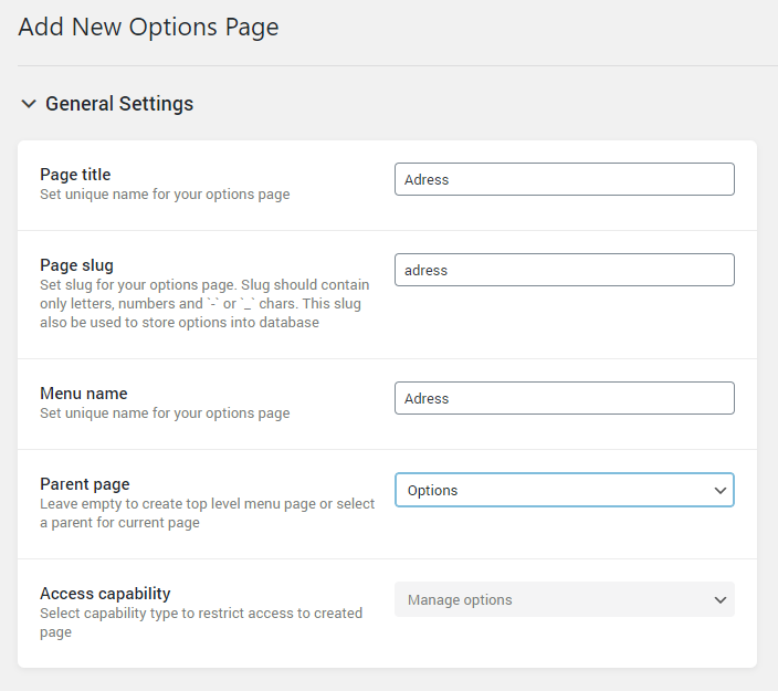 options page general settings