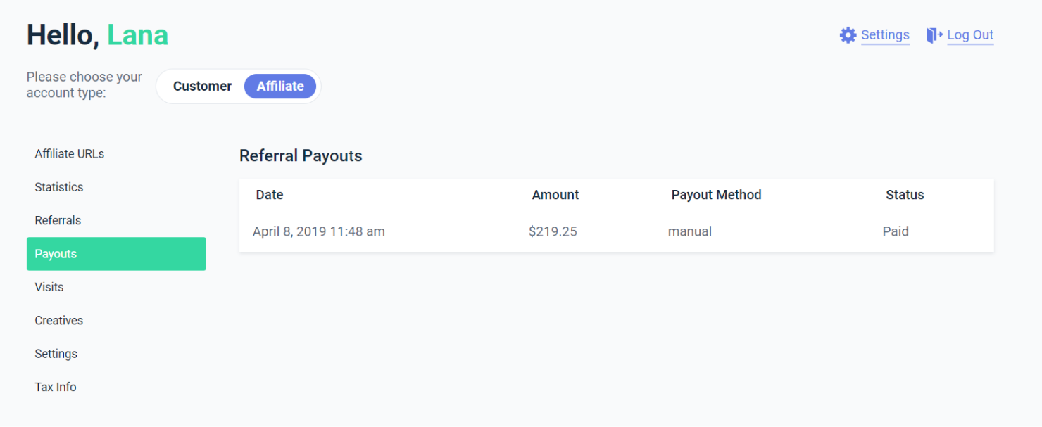 affiliate payouts tab