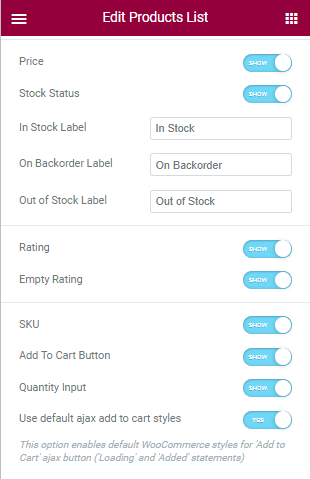 price settings of product list widget settings