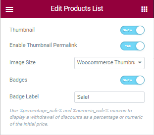 products block of product list widget settings