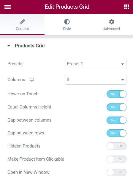 products grid tab settings