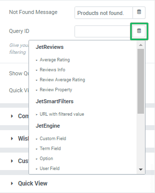 query id settings of product list widget settings