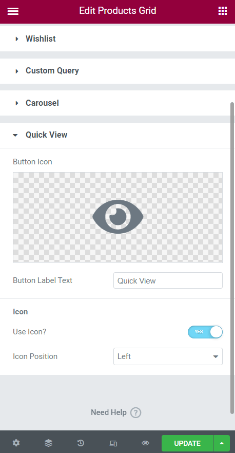 quick view settings tab