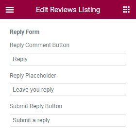 reply form of reviews listing widget
