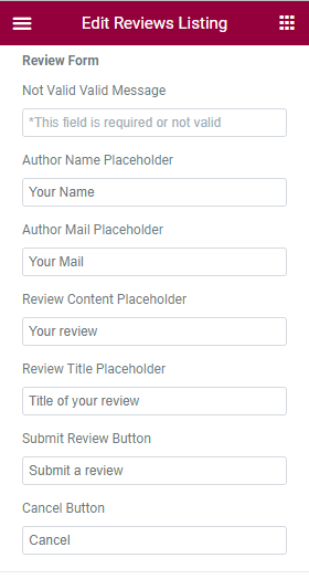 review form of reviews listing widget