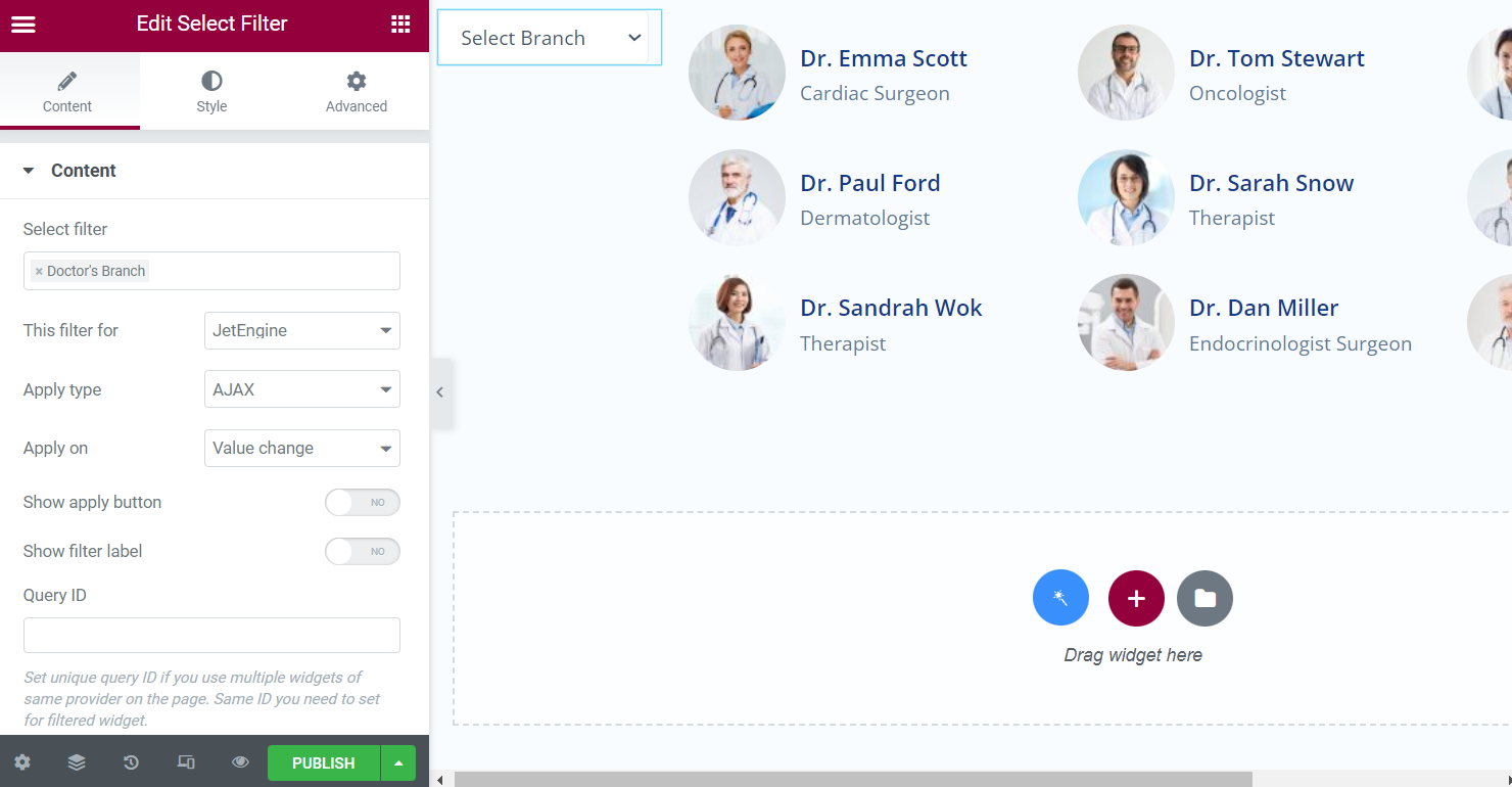 select filter with listing grid in elementor