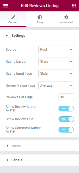 settings tab of reviews listing widget