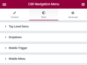 style settings of navigation menu widget