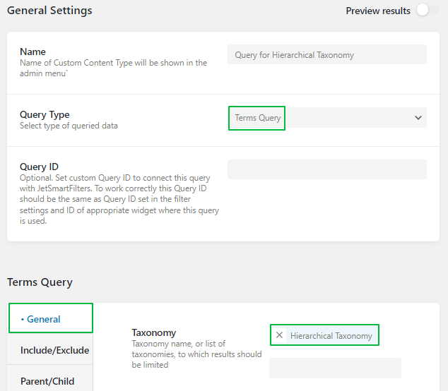 terms query taxonomy in general settings