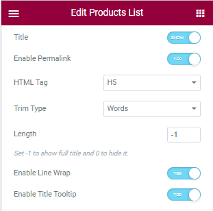 title block settings of product list widget settings