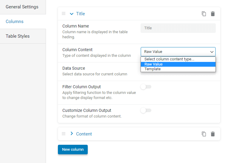 column content drop-down select in the tables builder settings