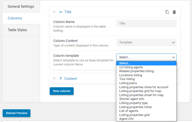 column template drop-down select in the tables builder settings