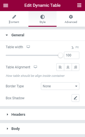 dynamic table style settings in Elementor