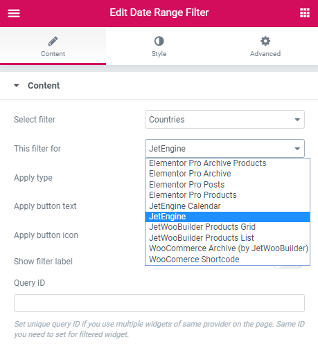 date range filter content settings