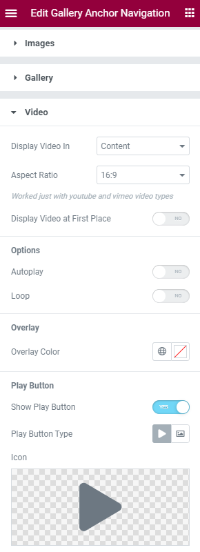 gallery anchor navigation video settings