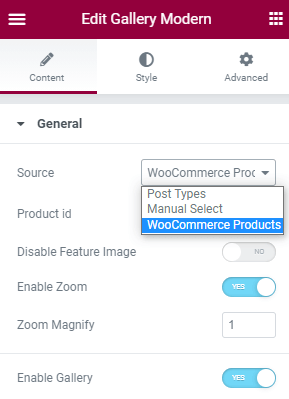 gallery modern widget general settings in elementor