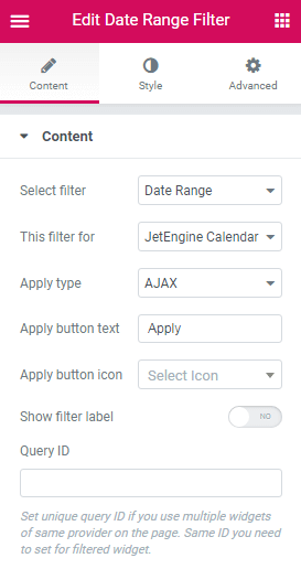 date range filter widget settings in elementor