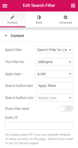 search filter editing in Elementor