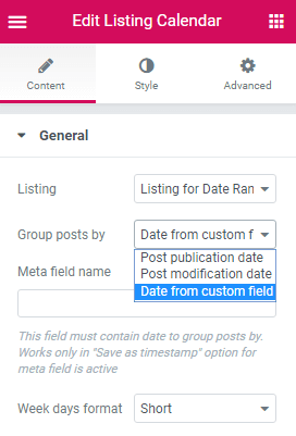 group posts in listing calendar