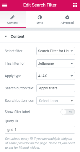 query id for search filter